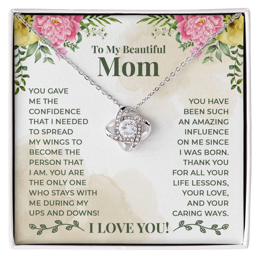 To My Beautiful Mom Necklace Gift for Mother Daughter Necklace Gifts For Mom Birthday Christmas Mothers Day Present To My Mom Jewelry Pendant Message Card Gift Box Love Knot Necklace for Mom