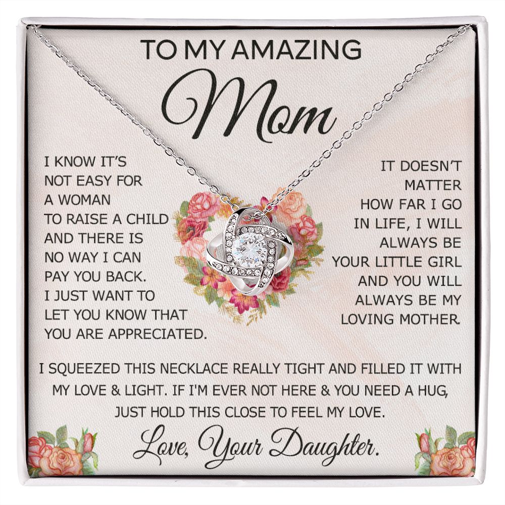 To My Amazing Mom Necklace Gift for Mother Daughter Necklace Gifts For Mom Birthday Christmas Mothers Day Present To My Mom Jewelry Pendant Message Card Gift Box Love Knot Necklace for Mom
