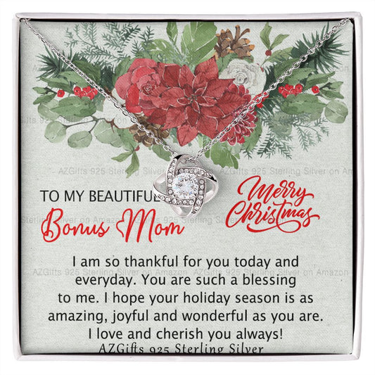 Beautiful Bonus Mom Necklace, Merry Christmas Necklace Gift For Mom, To My Beautiful Bonus Mom Love Knot Necklace Gift From Daughter, Bonus Mom Gift Necklace, Beautiful Mom Jewelry Gift For Women Love Knot Necklace 6323