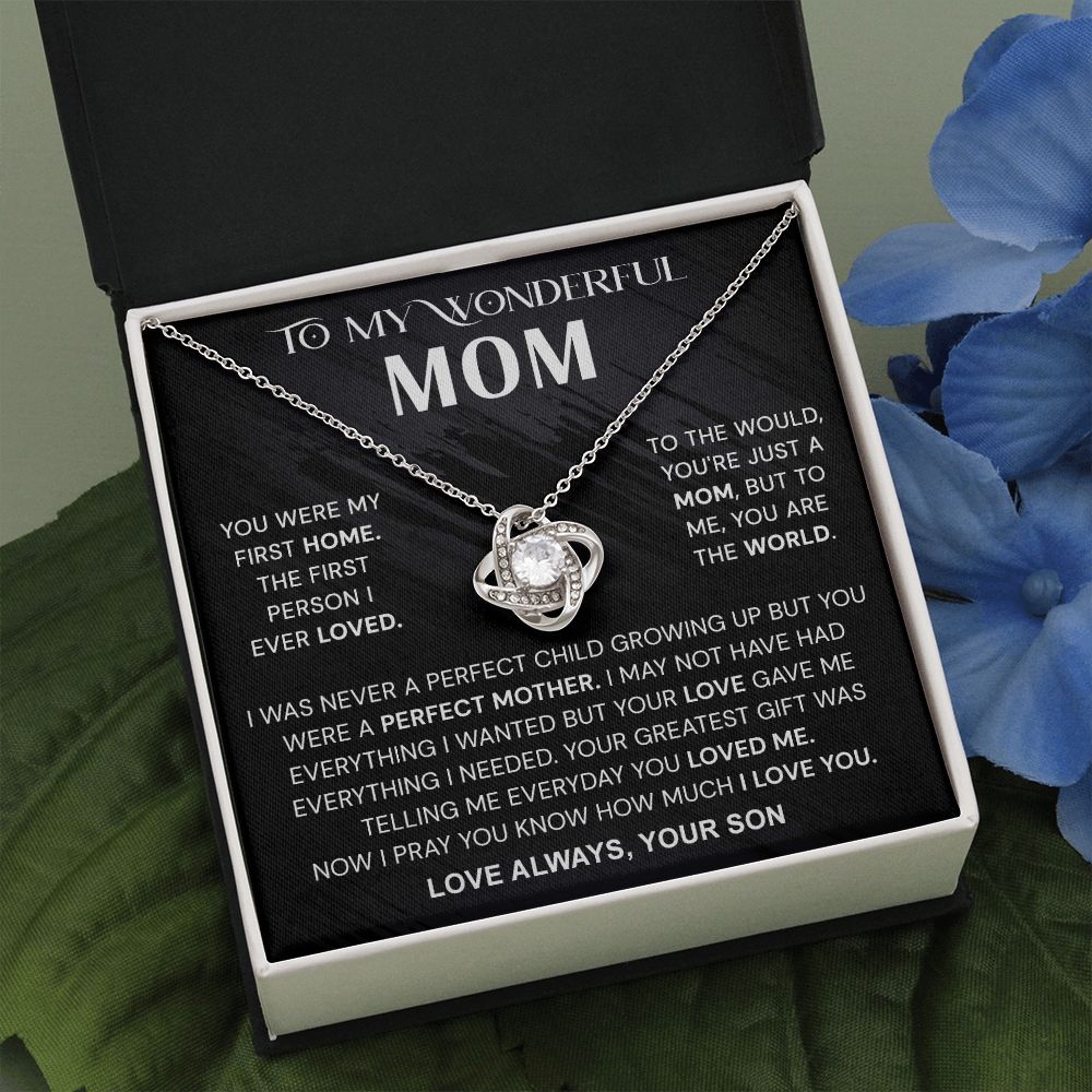 Wonderful Mom Gift Necklace, To My Wonderful Mom Love Knot Necklace From Son Never A Perfect Child Necklace Gift For Mom Son And Mother Love Knot Pendant Birthday Gift For Mom Jewelry Gift For Women Love Knot Necklace 6323