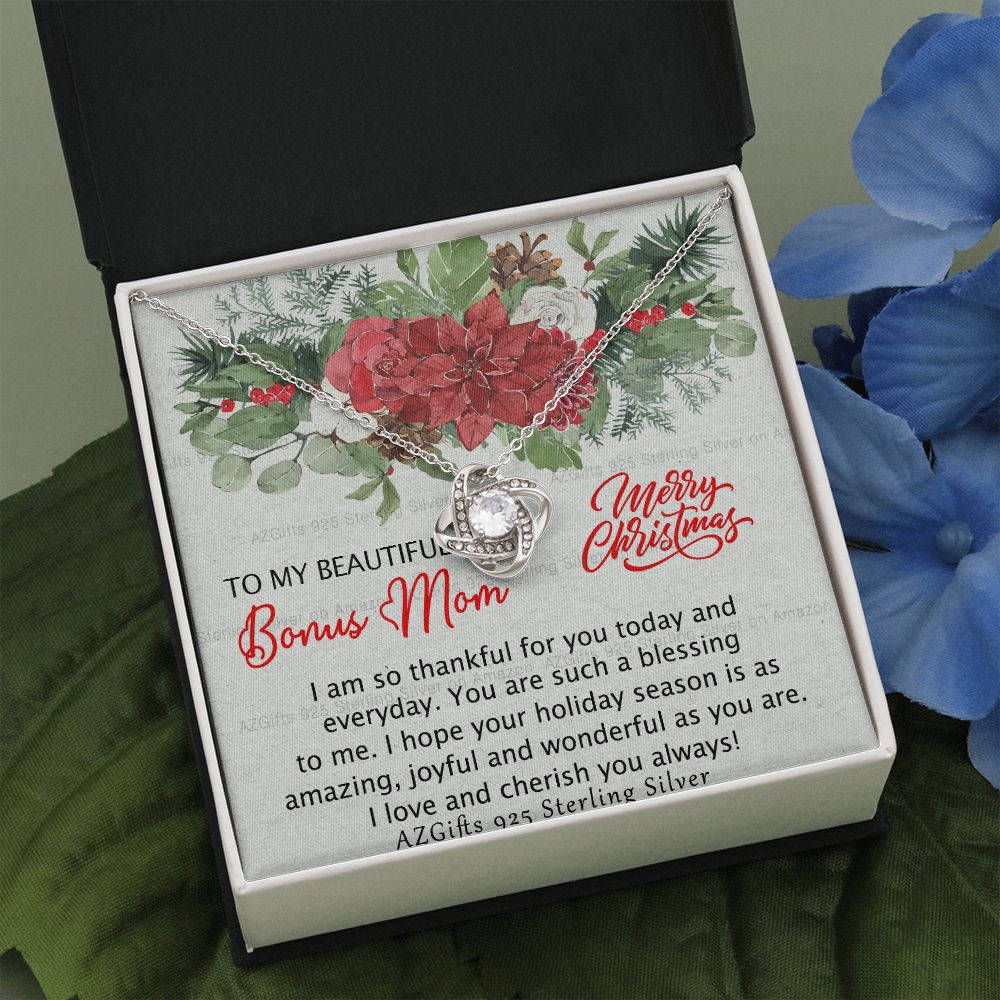 Beautiful Bonus Mom Necklace, Merry Christmas Necklace Gift For Mom, To My Beautiful Bonus Mom Love Knot Necklace Gift From Daughter, Bonus Mom Gift Necklace, Beautiful Mom Jewelry Gift For Women Love Knot Necklace 6323