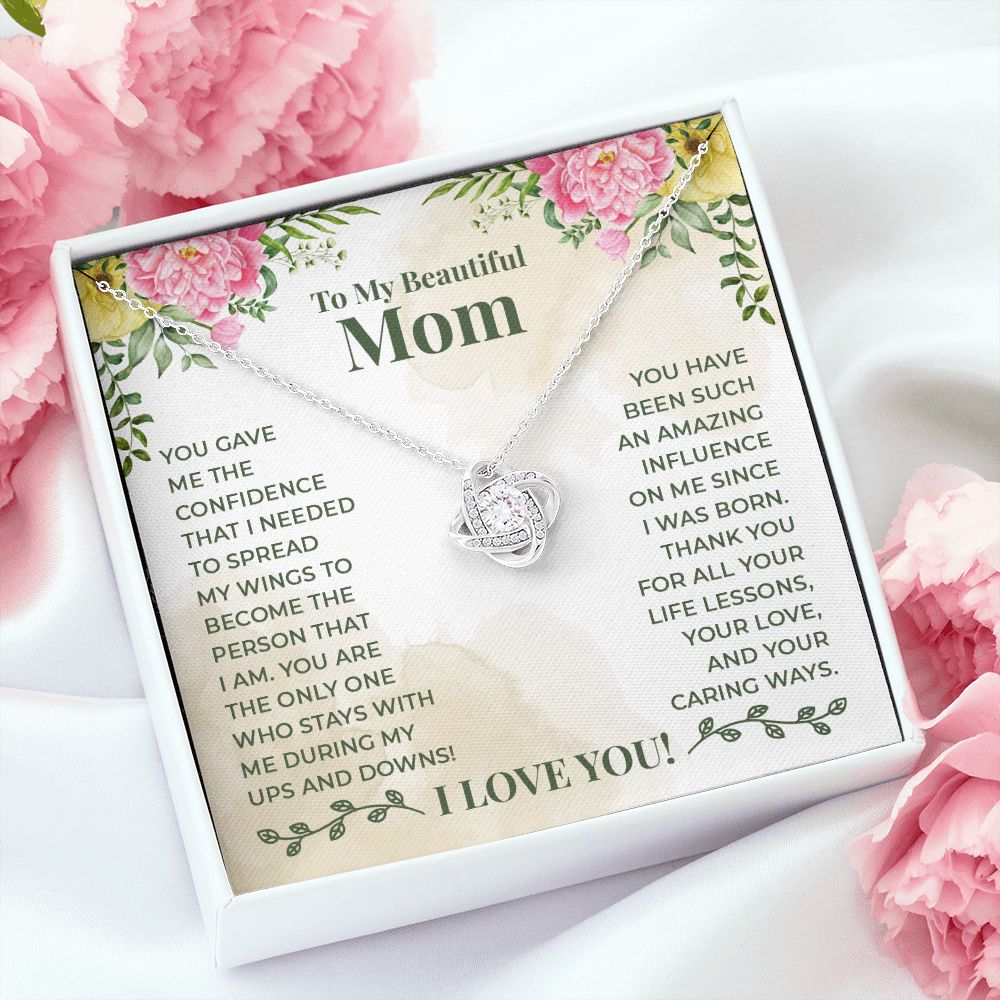 To My Beautiful Mom Necklace Gift for Mother Daughter Necklace Gifts For Mom Birthday Christmas Mothers Day Present To My Mom Jewelry Pendant Message Card Gift Box Love Knot Necklace for Mom