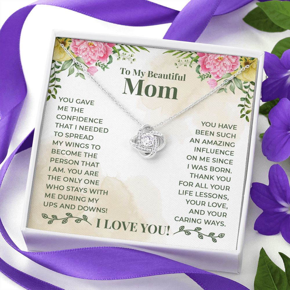 To My Beautiful Mom Necklace Gift for Mother Daughter Necklace Gifts For Mom Birthday Christmas Mothers Day Present To My Mom Jewelry Pendant Message Card Gift Box Love Knot Necklace for Mom
