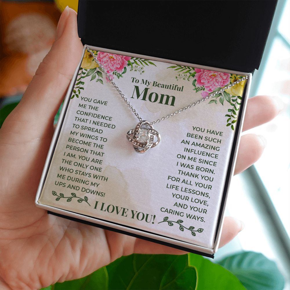 To My Beautiful Mom Necklace Gift for Mother Daughter Necklace Gifts For Mom Birthday Christmas Mothers Day Present To My Mom Jewelry Pendant Message Card Gift Box Love Knot Necklace for Mom