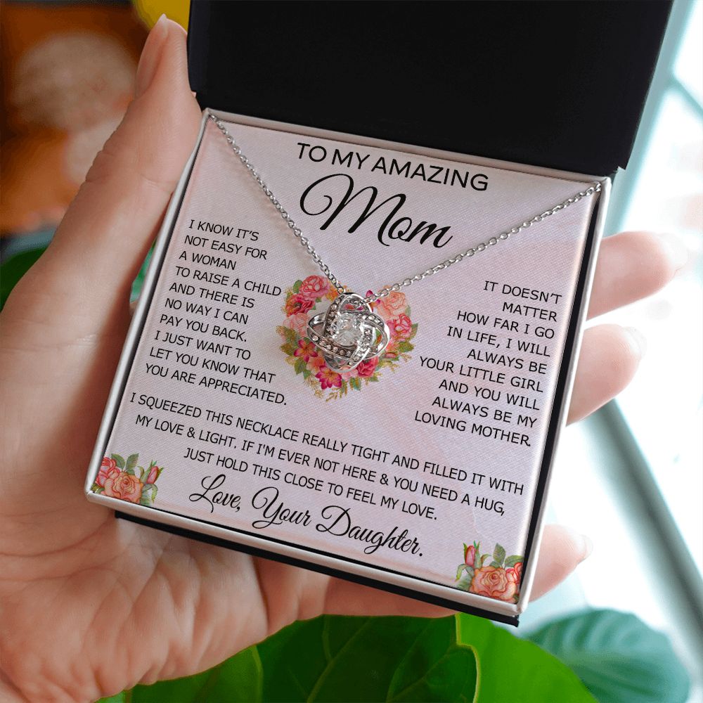 To My Amazing Mom Necklace Gift for Mother Daughter Necklace Gifts For Mom Birthday Christmas Mothers Day Present To My Mom Jewelry Pendant Message Card Gift Box Love Knot Necklace for Mom