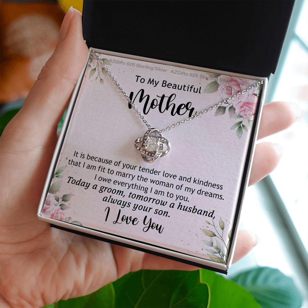 To My Beautiful Mother Necklace from Son Love Knot Necklace for Mom Mother Son Necklace Gifts For Mom Birthday Christmas Mothers Day Present To My Mom Jewelry Pendant Message Card Gift Box