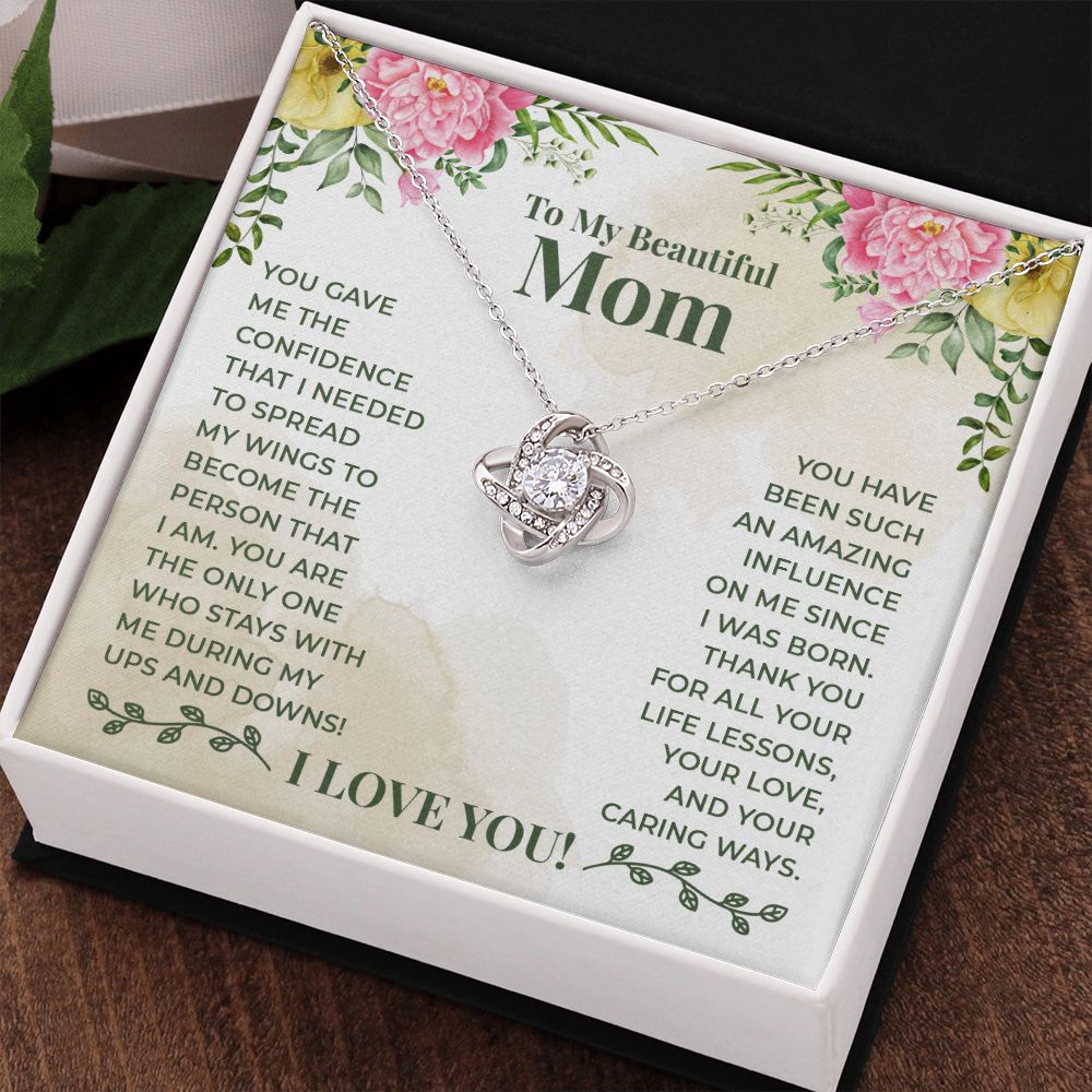 To My Beautiful Mom Necklace Gift for Mother Daughter Necklace Gifts For Mom Birthday Christmas Mothers Day Present To My Mom Jewelry Pendant Message Card Gift Box Love Knot Necklace for Mom