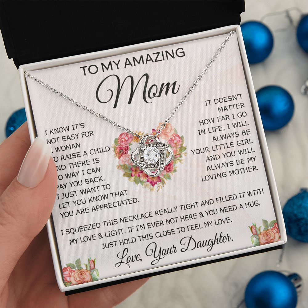 To My Amazing Mom Necklace Gift for Mother Daughter Necklace Gifts For Mom Birthday Christmas Mothers Day Present To My Mom Jewelry Pendant Message Card Gift Box Love Knot Necklace for Mom
