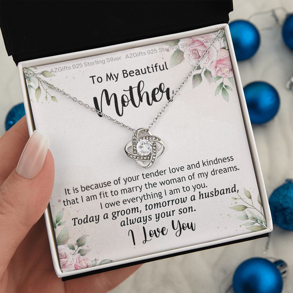 To My Beautiful Mother Necklace from Son Love Knot Necklace for Mom Mother Son Necklace Gifts For Mom Birthday Christmas Mothers Day Present To My Mom Jewelry Pendant Message Card Gift Box