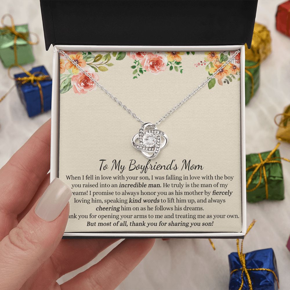 To My Boyfriend's Mom Gift Necklace, Boyfriends Mom Necklace Pendant, Birthday Gift For Boyfriend's Mom With Message Card Box, Jewelry Gift for Women Boyfriend Mother's Day Love Knot Necklace