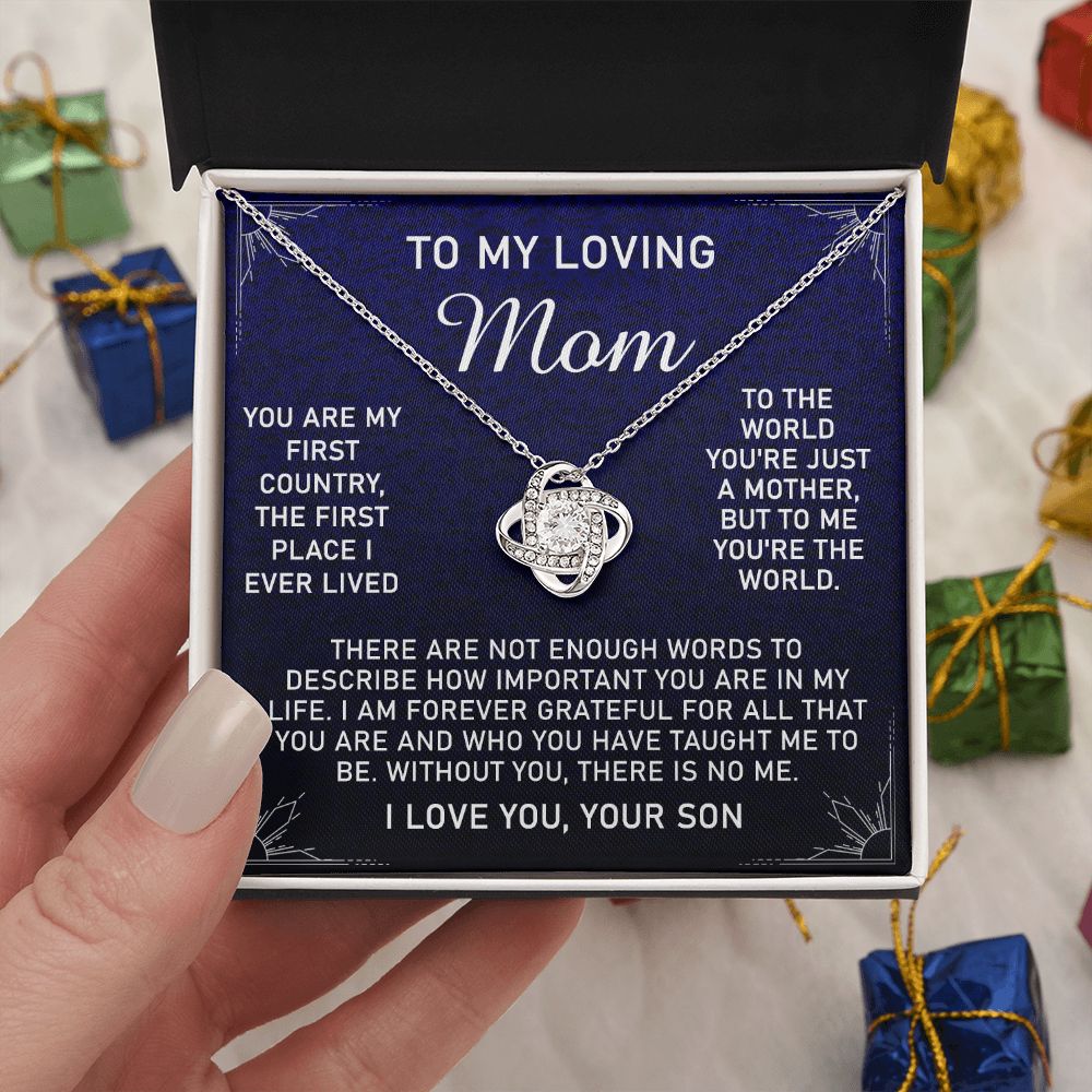 Loving Mom Gift Necklace, Mother's Day Jewelry Gift For Mom, To My Loving Mom Love Knot Necklace Gift for Mom, Birthday Gift Anniversary Mother And Son Gift Pendant, To My Mom Necklace from Son Love Knot Necklace 6323