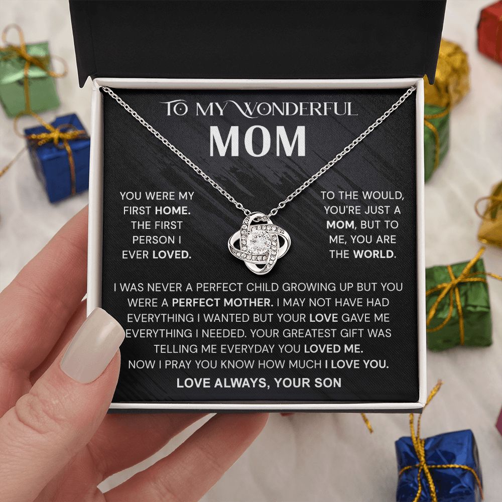 Wonderful Mom Gift Necklace, To My Wonderful Mom Love Knot Necklace From Son Never A Perfect Child Necklace Gift For Mom Son And Mother Love Knot Pendant Birthday Gift For Mom Jewelry Gift For Women Love Knot Necklace 6323