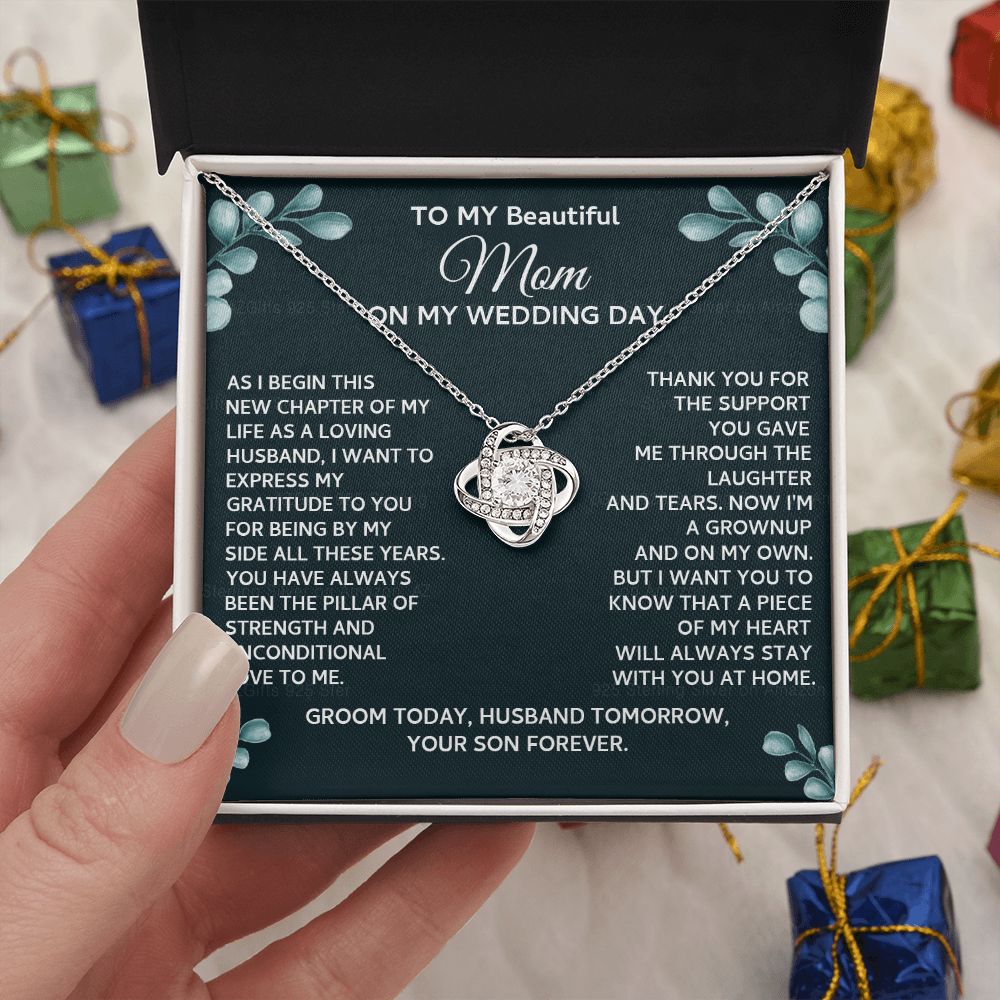 On My Wedding Day Necklace Gift For Mom, To My Beautiful Mom Love Knot Necklace Gift From Son On Wedding Day, Mother And Son Necklace Gift For Mom, Beautiful Mom Gift Necklace Jewelry Gift For Women Love Knot Necklace 6323
