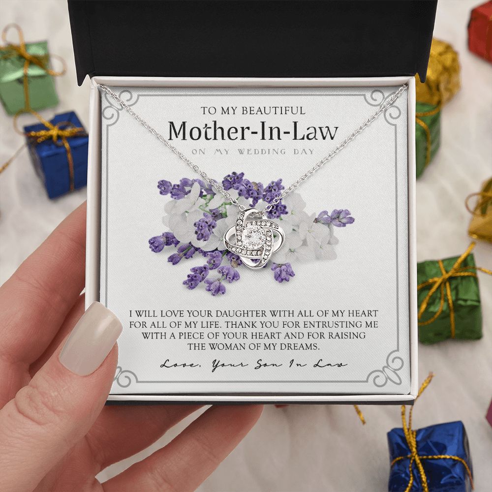 Mother In Law Necklace, My Wedding Day Necklace Gift For Mother In Law, To My Beautiful Mother In Law Necklace From Son In Law, My Heart My Life Necklace Gift For Mother, Mother In Law Gift Necklace Love Knot Necklace 6323