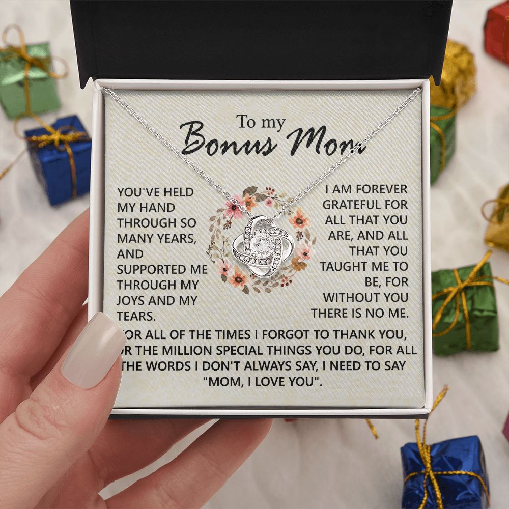 To My Bonus Mom Necklace, To My Bonus Mom Love Knot Necklace From Daughter, Son, Bonus Mom Gift Necklace, Daughter And Mother Love Knot Pendant Gift For Mom, Mom, I Love You Jewelry Gift For Women Love Knot Necklace 6323