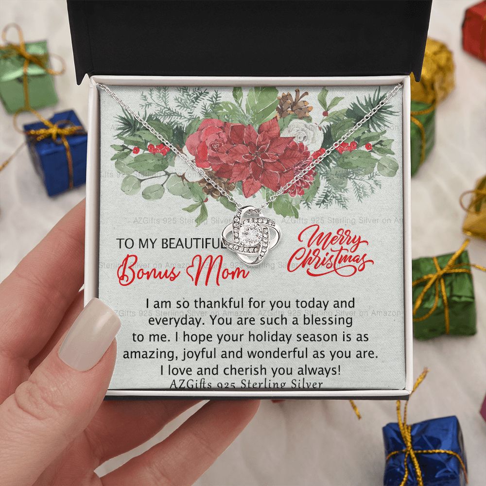 Beautiful Bonus Mom Necklace, Merry Christmas Necklace Gift For Mom, To My Beautiful Bonus Mom Love Knot Necklace Gift From Daughter, Bonus Mom Gift Necklace, Beautiful Mom Jewelry Gift For Women Love Knot Necklace 6323