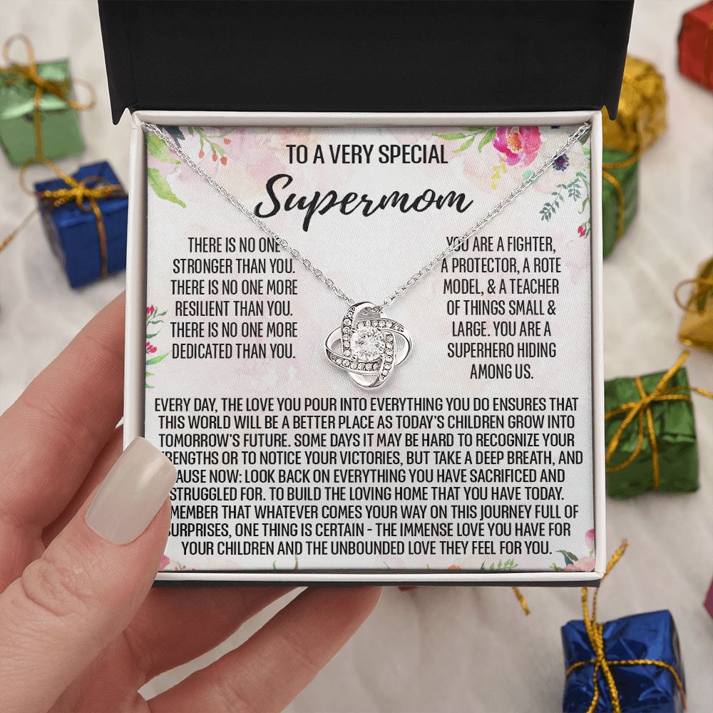 To My Super Mom Necklace, To A Very Special Supermom Mom Necklace From Daughter, Gift for Single Mother Necklace Present for Single Mother Gift Necklace, Mother's Day Gift Mom Jewelry for Women Love Knot Necklace 6323