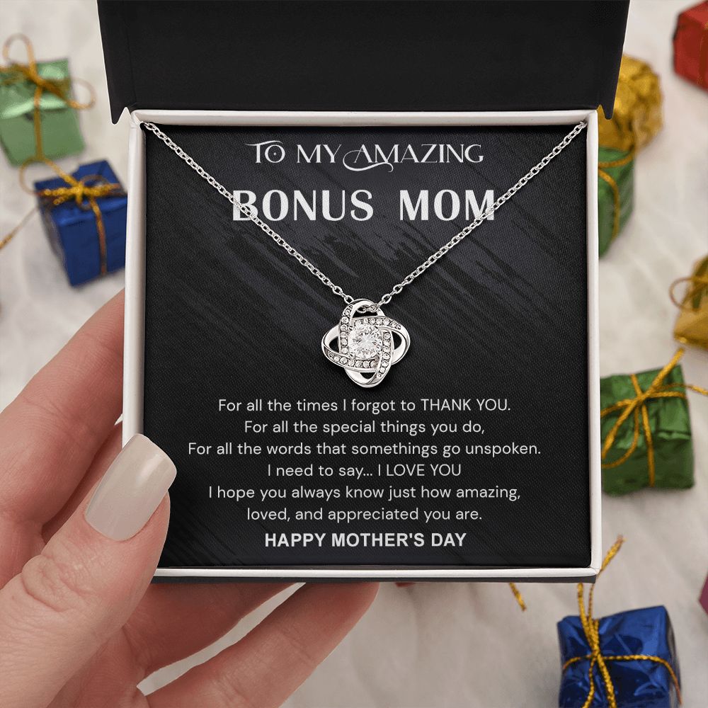 Mother's Day Necklace Gift For Bonus Mom, Bonus Mom Gift Necklace, Jewelry Gift For Women, Bonus Mother, To My Amazing Bonus Mom Love Knot Necklace From Daughter Happy Mother's Day Pendant For Mom