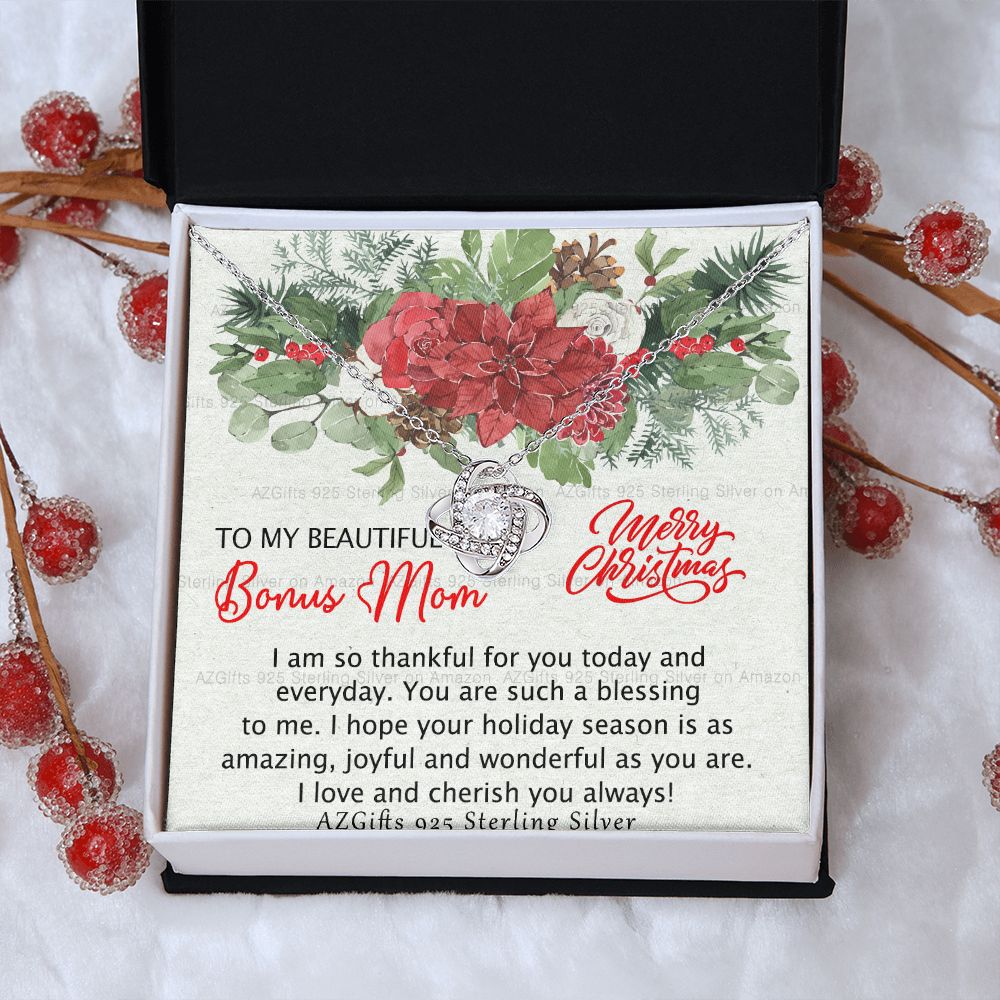 Beautiful Bonus Mom Necklace, Merry Christmas Necklace Gift For Mom, To My Beautiful Bonus Mom Love Knot Necklace Gift From Daughter, Bonus Mom Gift Necklace, Beautiful Mom Jewelry Gift For Women Love Knot Necklace 6323