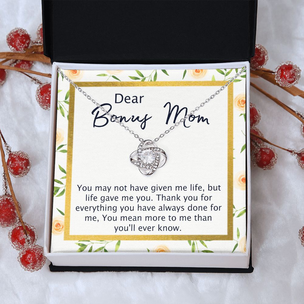 Dear Bonus Mom Necklace, To My Bonus Mom Love Knot Necklace From Daughter, Son, Bonus Mom Gift Necklace, Daughter And Mother Love Knot Pendant Gift For Mom, Bonus Mom Gift Jewelry Gift For Women Love Knot Necklace 6323