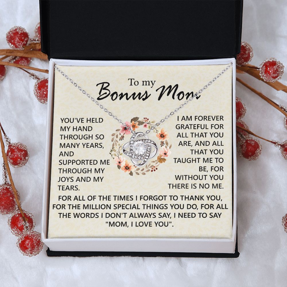 To My Bonus Mom Necklace, To My Bonus Mom Love Knot Necklace From Daughter, Son, Bonus Mom Gift Necklace, Daughter And Mother Love Knot Pendant Gift For Mom, Mom, I Love You Jewelry Gift For Women Love Knot Necklace 6323