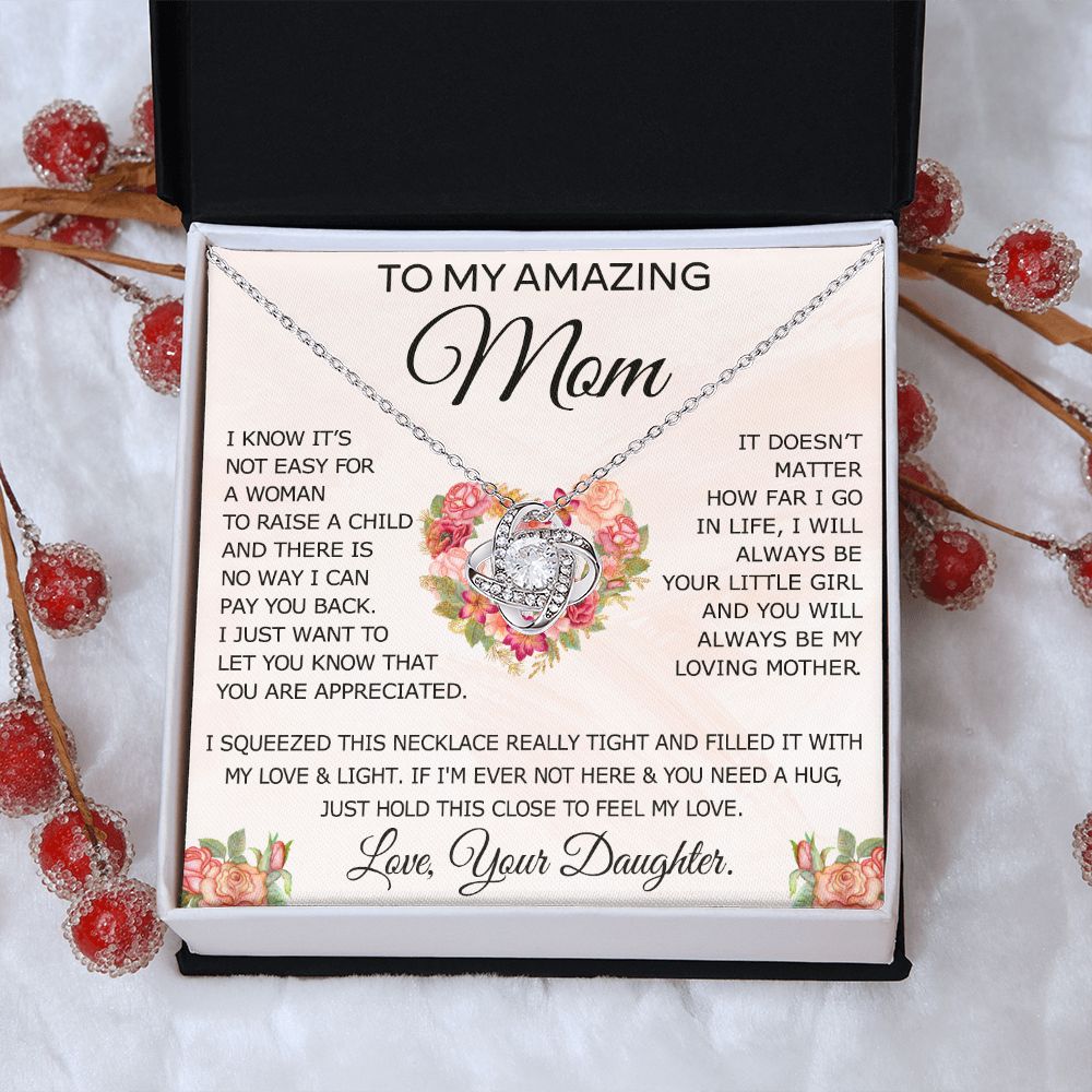 To My Amazing Mom Necklace Gift for Mother Daughter Necklace Gifts For Mom Birthday Christmas Mothers Day Present To My Mom Jewelry Pendant Message Card Gift Box Love Knot Necklace for Mom