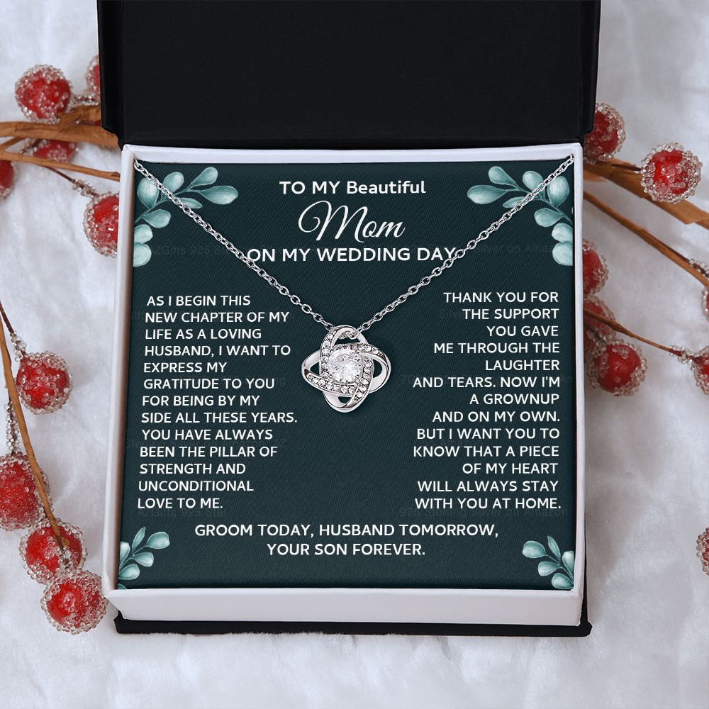 On My Wedding Day Necklace Gift For Mom, To My Beautiful Mom Love Knot Necklace Gift From Son On Wedding Day, Mother And Son Necklace Gift For Mom, Beautiful Mom Gift Necklace Jewelry Gift For Women Love Knot Necklace 6323