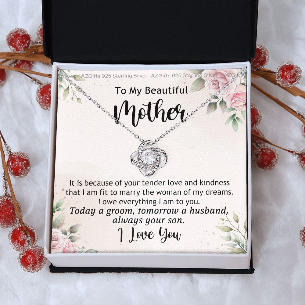 To My Beautiful Mother Necklace from Son Love Knot Necklace for Mom Mother Son Necklace Gifts For Mom Birthday Christmas Mothers Day Present To My Mom Jewelry Pendant Message Card Gift Box