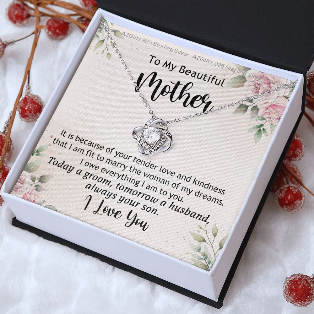 To My Beautiful Mother Necklace from Son Love Knot Necklace for Mom Mother Son Necklace Gifts For Mom Birthday Christmas Mothers Day Present To My Mom Jewelry Pendant Message Card Gift Box