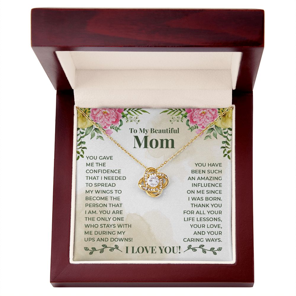 To My Beautiful Mom Necklace Gift for Mother Daughter Necklace Gifts For Mom Birthday Christmas Mothers Day Present To My Mom Jewelry Pendant Message Card Gift Box Love Knot Necklace for Mom