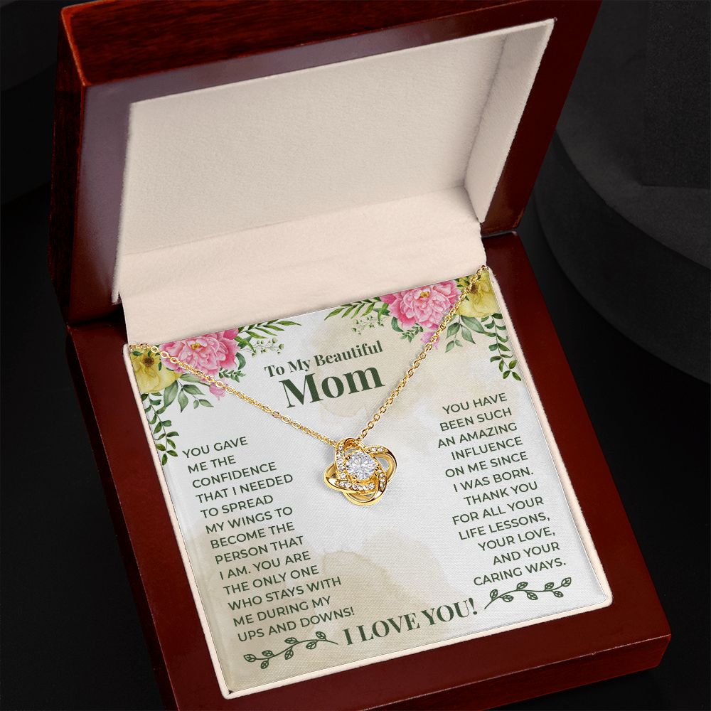 To My Beautiful Mom Necklace Gift for Mother Daughter Necklace Gifts For Mom Birthday Christmas Mothers Day Present To My Mom Jewelry Pendant Message Card Gift Box Love Knot Necklace for Mom