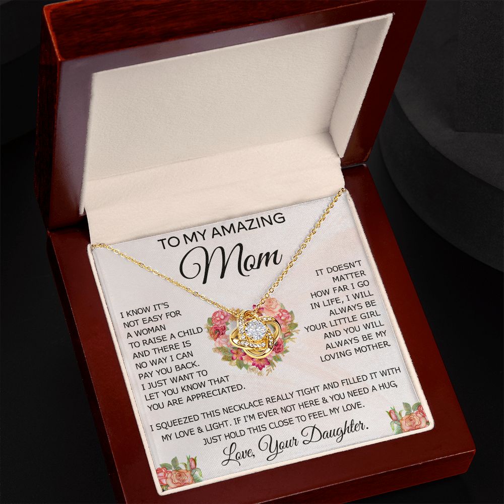 To My Amazing Mom Necklace Gift for Mother Daughter Necklace Gifts For Mom Birthday Christmas Mothers Day Present To My Mom Jewelry Pendant Message Card Gift Box Love Knot Necklace for Mom