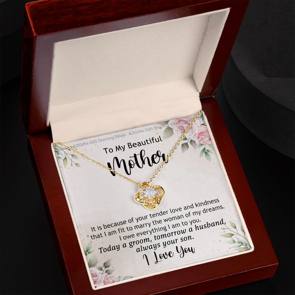To My Beautiful Mother Necklace from Son Love Knot Necklace for Mom Mother Son Necklace Gifts For Mom Birthday Christmas Mothers Day Present To My Mom Jewelry Pendant Message Card Gift Box