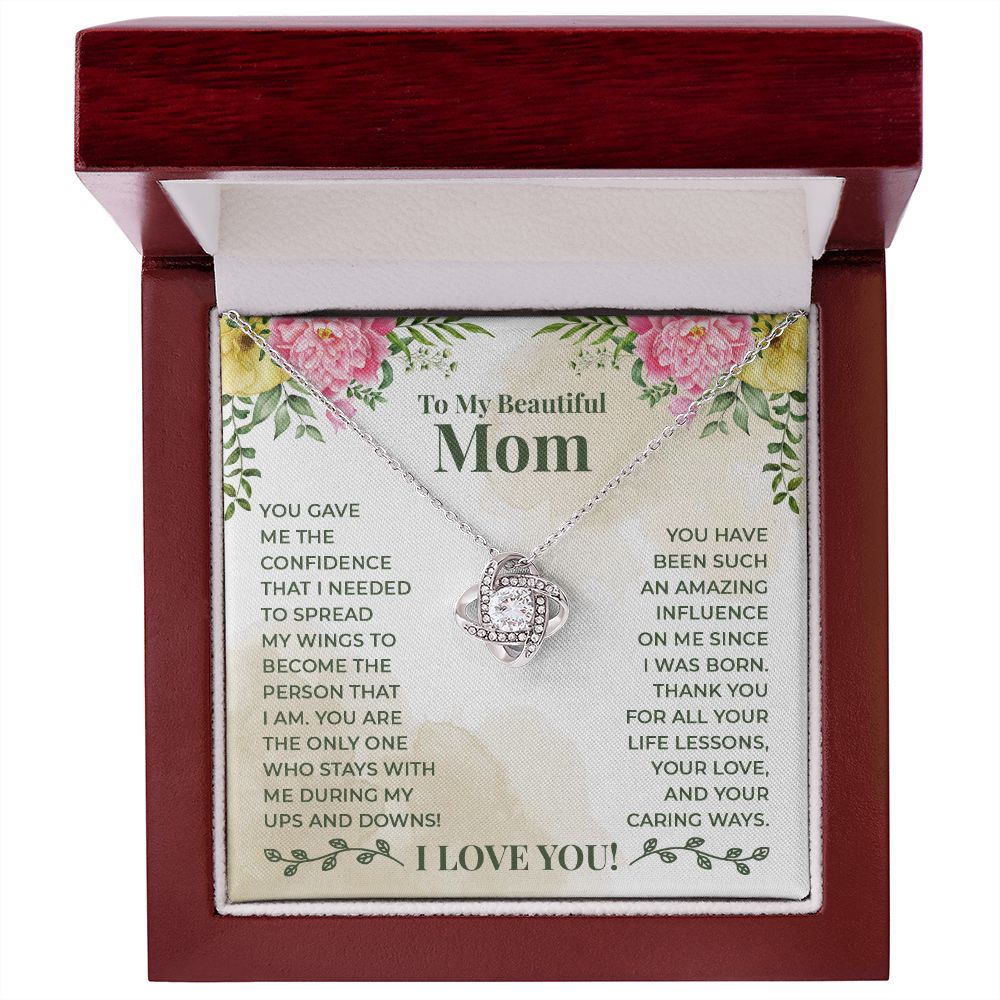To My Beautiful Mom Necklace Gift for Mother Daughter Necklace Gifts For Mom Birthday Christmas Mothers Day Present To My Mom Jewelry Pendant Message Card Gift Box Love Knot Necklace for Mom