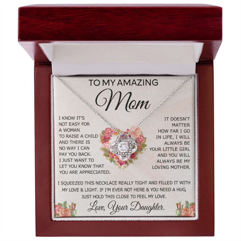 To My Amazing Mom Necklace Gift for Mother Daughter Necklace Gifts For Mom Birthday Christmas Mothers Day Present To My Mom Jewelry Pendant Message Card Gift Box Love Knot Necklace for Mom