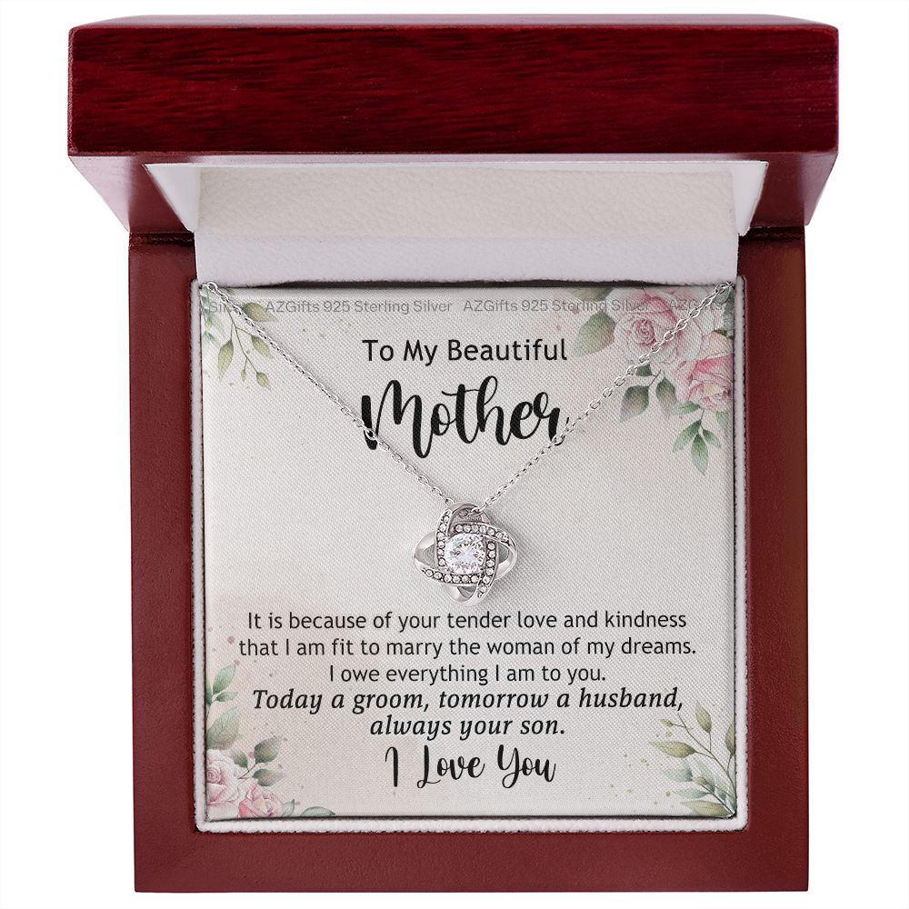 To My Beautiful Mother Necklace from Son Love Knot Necklace for Mom Mother Son Necklace Gifts For Mom Birthday Christmas Mothers Day Present To My Mom Jewelry Pendant Message Card Gift Box