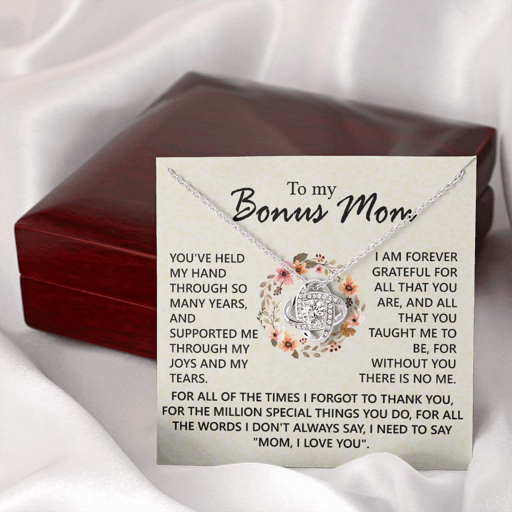 To My Bonus Mom Necklace, To My Bonus Mom Love Knot Necklace From Daughter, Son, Bonus Mom Gift Necklace, Daughter And Mother Love Knot Pendant Gift For Mom, Mom, I Love You Jewelry Gift For Women Love Knot Necklace 6323