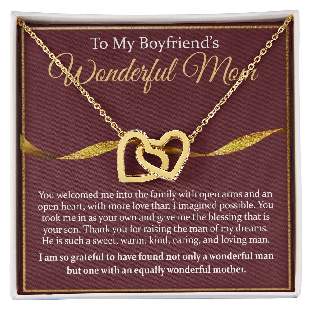 To My Boyfriend's Mom Necklace Mother in Law Jewelry Gift for Christmas Birthday Mother's Day Gift Jewelry Box and Message Card to Boyfriends Mother Gift from Girlfriend Interlocking Hearts Necklace
