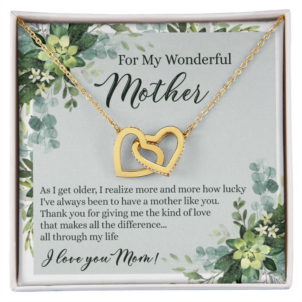 To My Wonderful Mother Necklace Message Card, Gift Box for Mom Birthday Gift From Daughter Mothers Day Necklace for Mom Gift From Daughter Mom Gifts For Mom Thank You Gift For Mom Interlocking Hearts Necklace