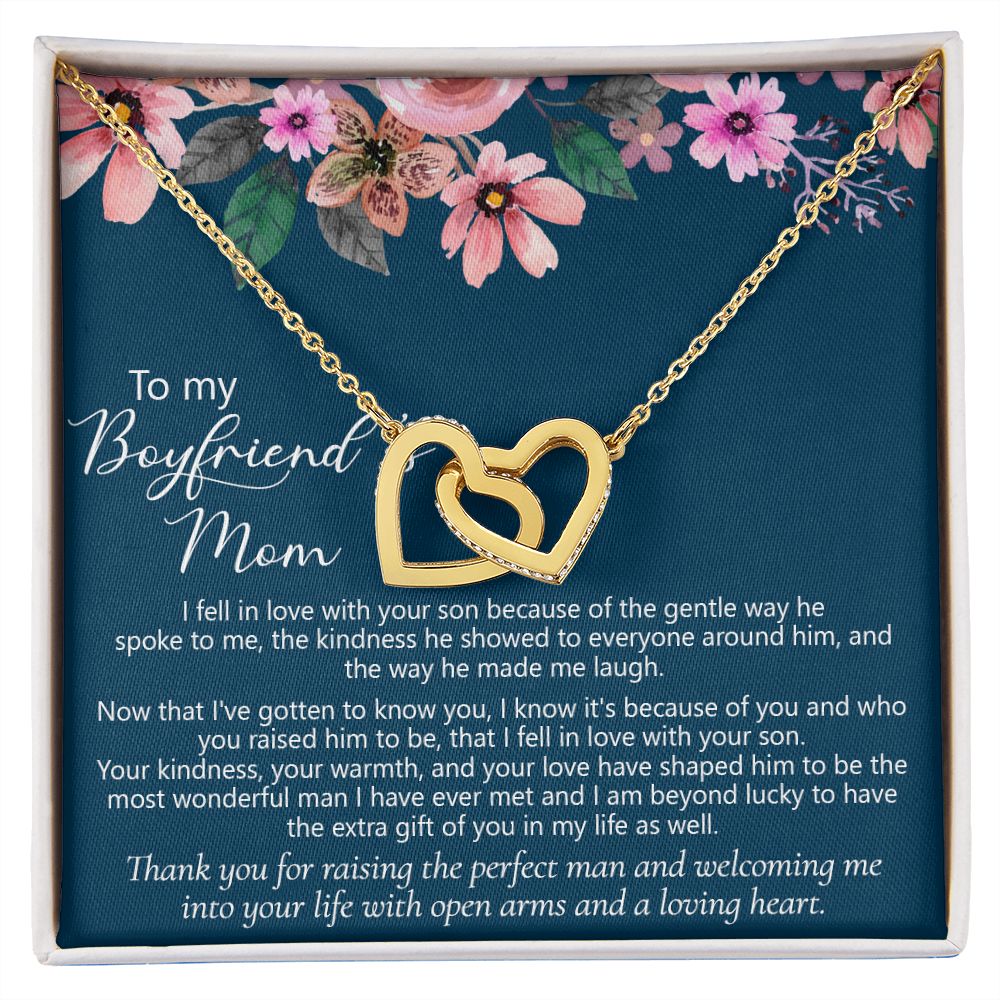 To My Boyfriend's Mom Gift Boyfriend Mother Solid Gold Necklace for Christmas Birthday Mother's Day, Message Card to Mother in Law Interlocking Hearts Necklace