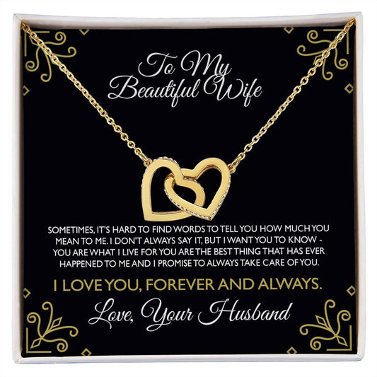 To My Beautiful Wife Necklace From Husband Interlocking Heart Necklace Pendant Jewelry with Message Card and Box Necklaces for Women Valentines Day Happy Anniversary Present for Birthday Merry Christmas for Wife
