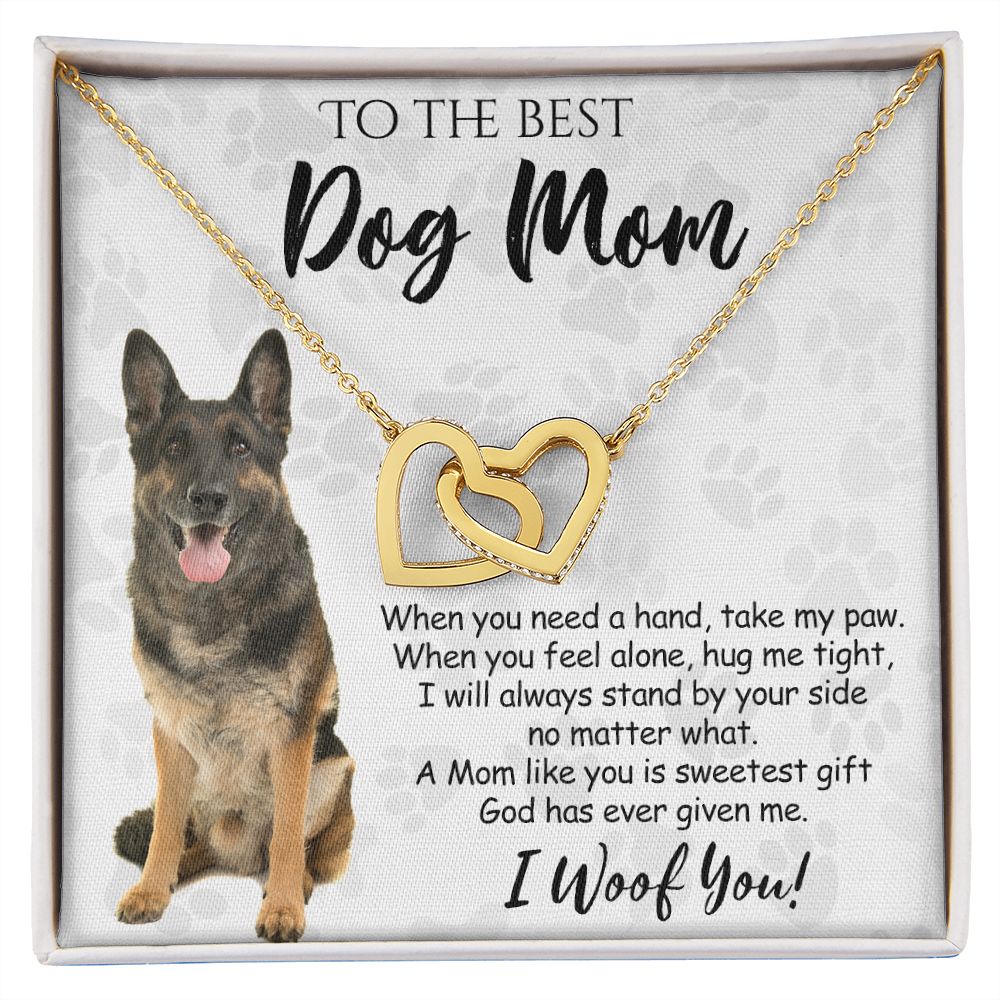 To The Best German Shepherd Dog Mom Knot Necklace Mother's Day Gift , I Woof You Quote Gift Card, Message Card Jewelry For Dog Lovers, Necklace For Mom Interlocking Hearts Necklace