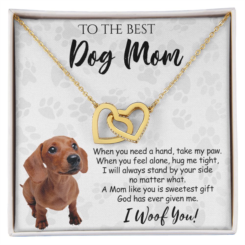 To The Best Dachshund Dog Mom Knot Necklace Mother's Day Gift , I Woof You Quote Gift Card, Message Card Jewelry For Dog Lovers, Necklace For Mom Interlocking Hearts Necklace