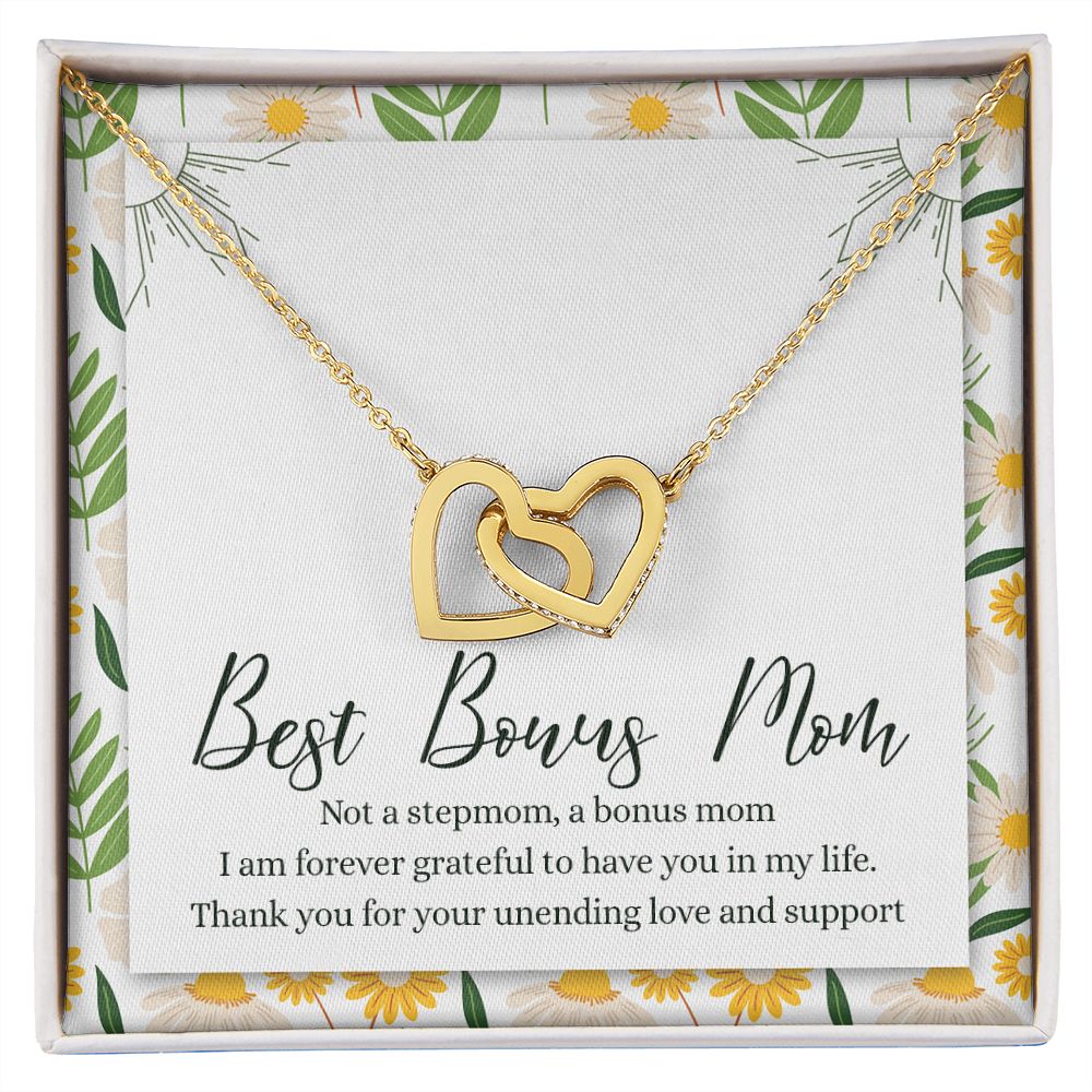 To My Best Bonus Mom Necklace Message Card, Jewelry for Bonus Mom Gift, Step Mom Wedding Gift for Stepmother Of The Bride Gift Thank You For Bonus Mom Necklace for Stepmom Wedding Gift Interlocking Hearts Necklace
