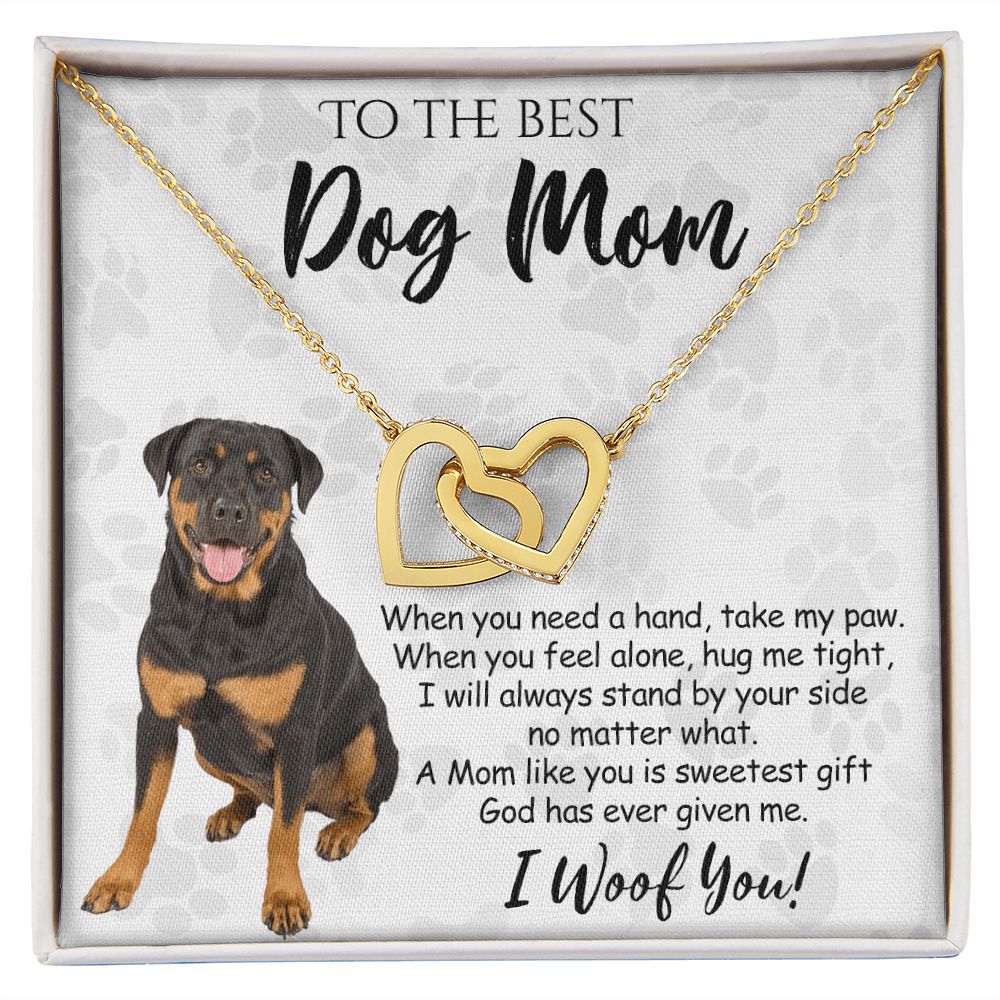 To The Best Rottweiler Dog Mom Knot Necklace Mother's Day Gift , I Woof You Quote Gift Card, Message Card Jewelry For Dog Lovers, Necklace For Mom Interlocking Hearts Necklace