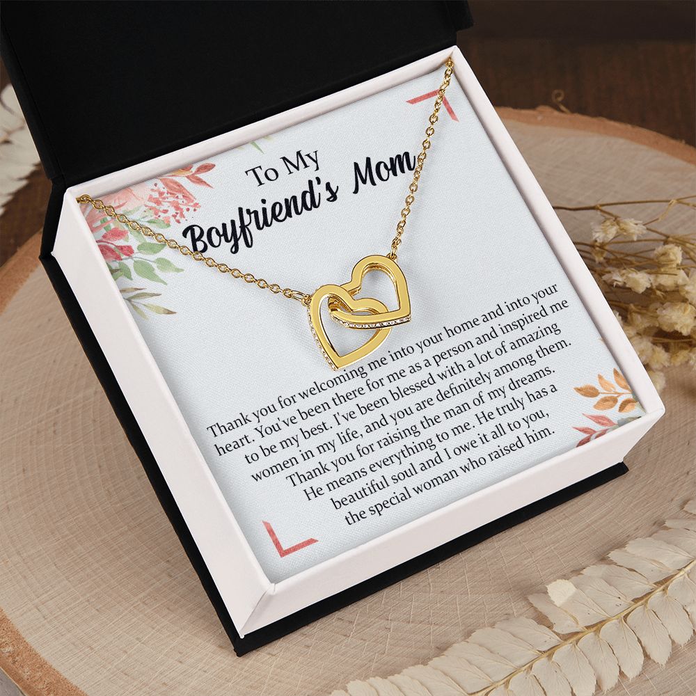 To My Boyfriend's Mom Necklace, Thank You for Raising Man Necklace, Gift to My Boyfriend's Mom for Mothers Day Birthday, Christmas, Going Away, Retirement Jewelry for Women Interlocking Hearts Necklace
