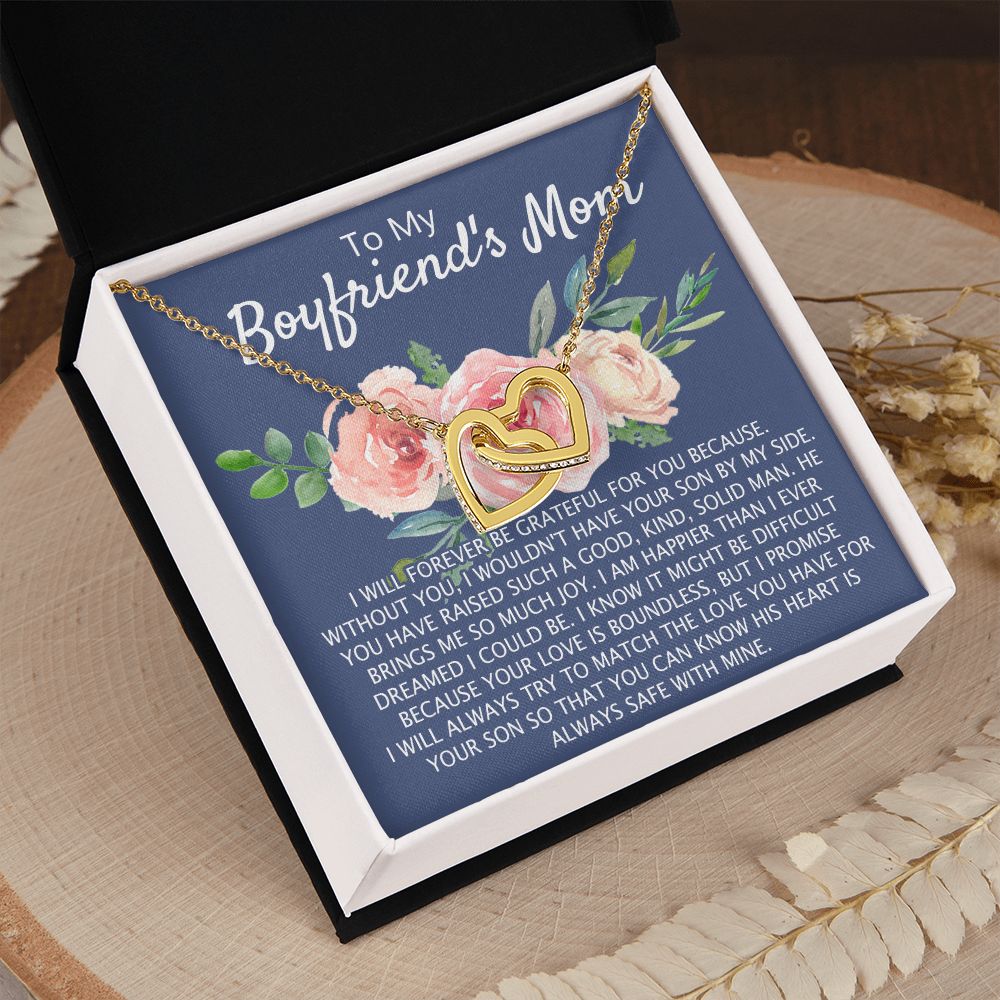 To My Boyfriend's Mom Necklace Pendant Jewelry Gift for Boyfriend's Mom on Mothers Day Birthday Present Jewelry Gift Box for Boyfriend's Mom Gift Personalized Custom Necklace for Women Interlocking Hearts Necklace