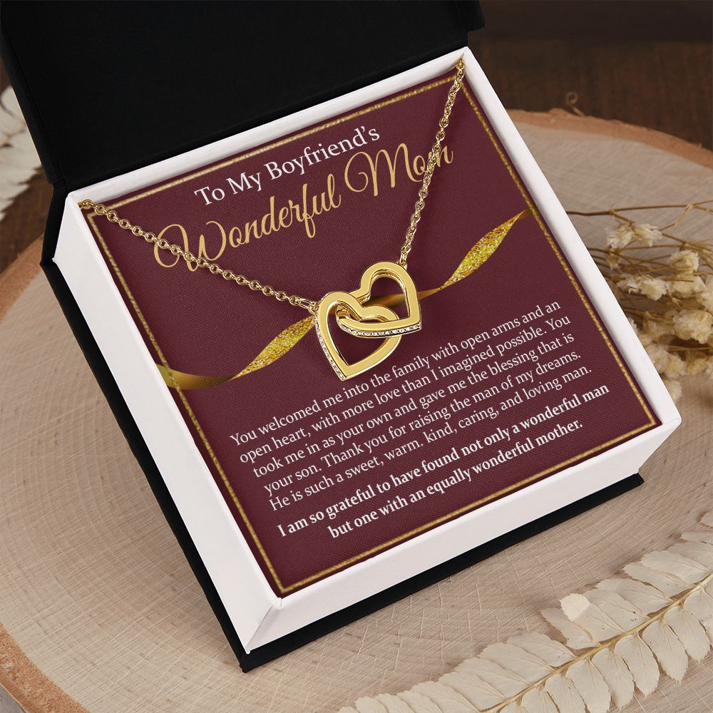 To My Boyfriend's Mom Necklace Mother in Law Jewelry Gift for Christmas Birthday Mother's Day Gift Jewelry Box and Message Card to Boyfriends Mother Gift from Girlfriend Interlocking Hearts Necklace