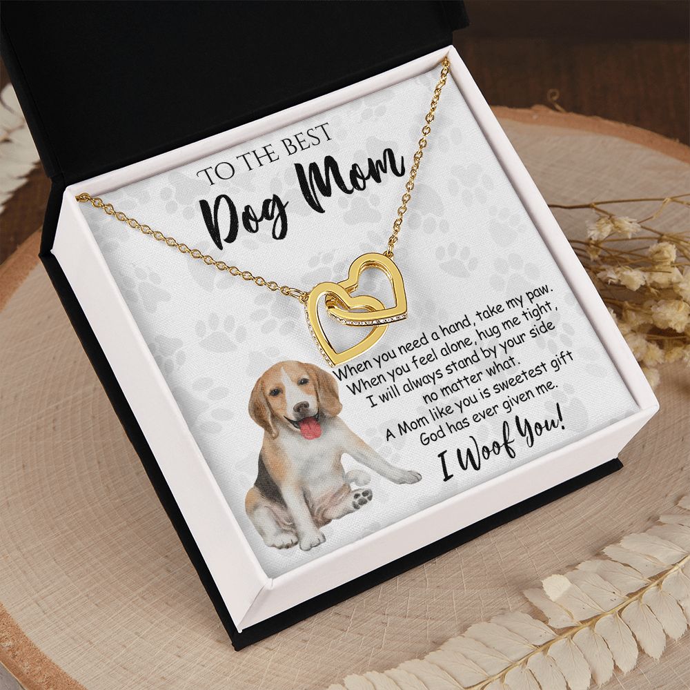 To The Best Beagle Dog Mom Knot Necklace Mother's Day Gift , I Woof You Quote Gift Card, Message Card Jewelry For Dog Lovers, Necklace For Mom Interlocking Hearts Necklace