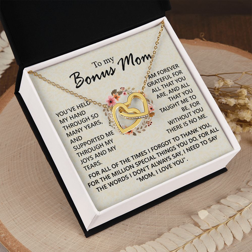 Bonus Mom Jewelry Gift for Stepmom, Foster Mom - Featuring Necklace With Meaningful Message Card & Gift Box for Birthday, Mother's Day Necklace for Bonus Mom Interlocking Hearts Necklace